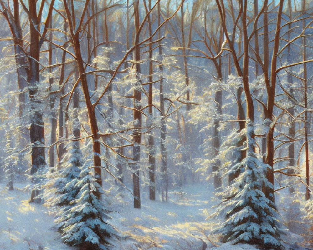 Snow-covered pine trees in serene winter forest scene
