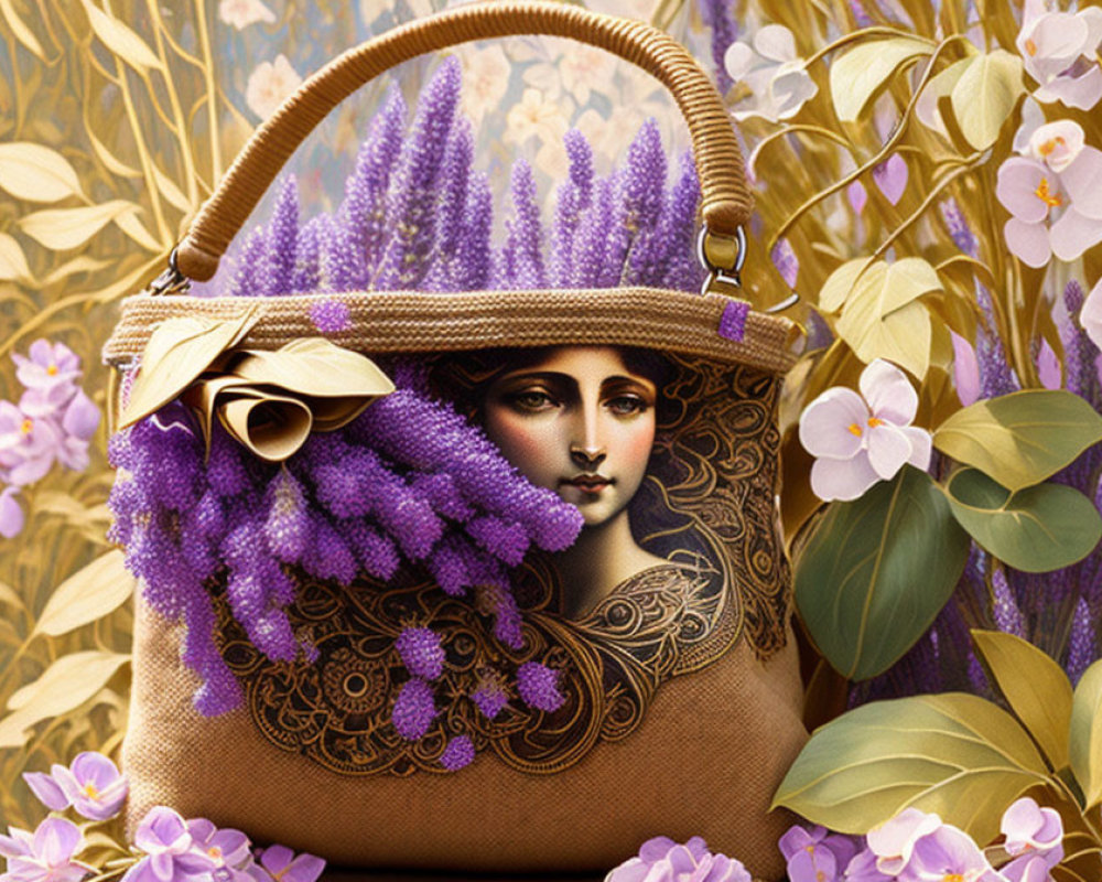 Classic Portrait Adorned Handbag with Purple Flowers on Floral Background