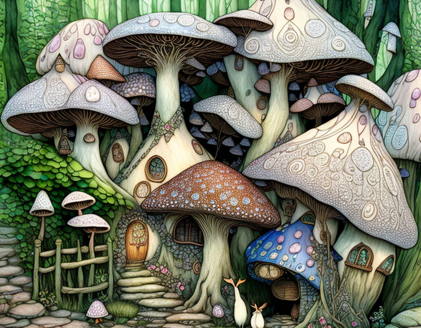 Colorful Mushroom Houses in Whimsical Forest