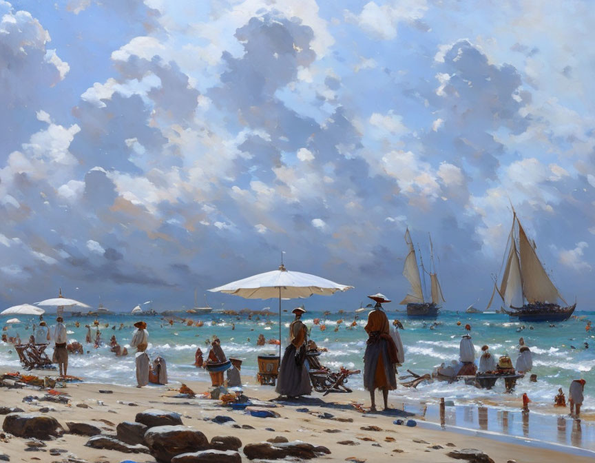 Beach scene with swimming people, sunbathing, boats, and fluffy clouds