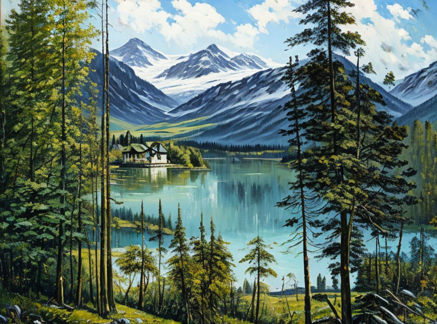 Tranquil cabin painting by a clear lake with pine trees and mountains