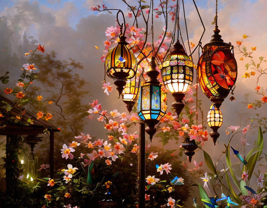 Vibrant hanging lanterns light up mystical garden with flowers and butterflies