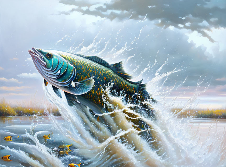 Colorful fish jumping with splashes in cloudy sky scene