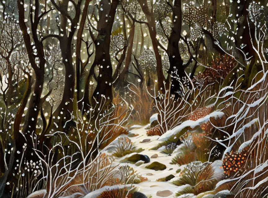 Wintry forest painting with sunlight on snow-covered ground