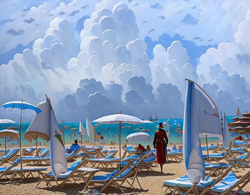 Beach scene with sun loungers, parasols, blue sky, clouds, and person in red