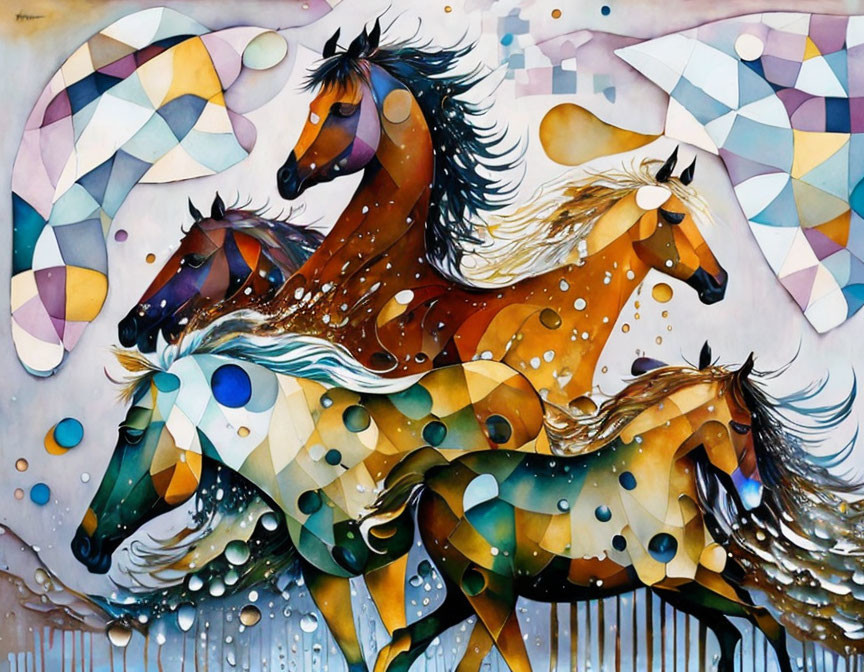 Colorful Cubist Art: Three Geometric Horses with Flowing Manes