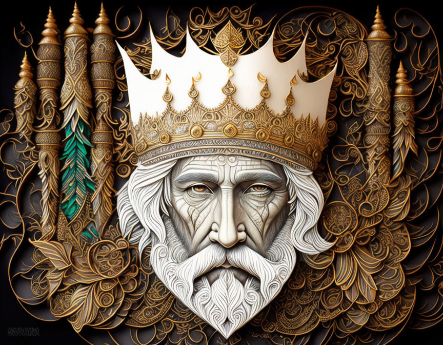 Detailed monochrome artwork of a bearded king with a golden crown