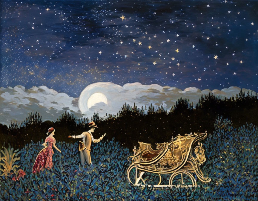 Whimsical painting of two figures by golden carriage under starry night sky