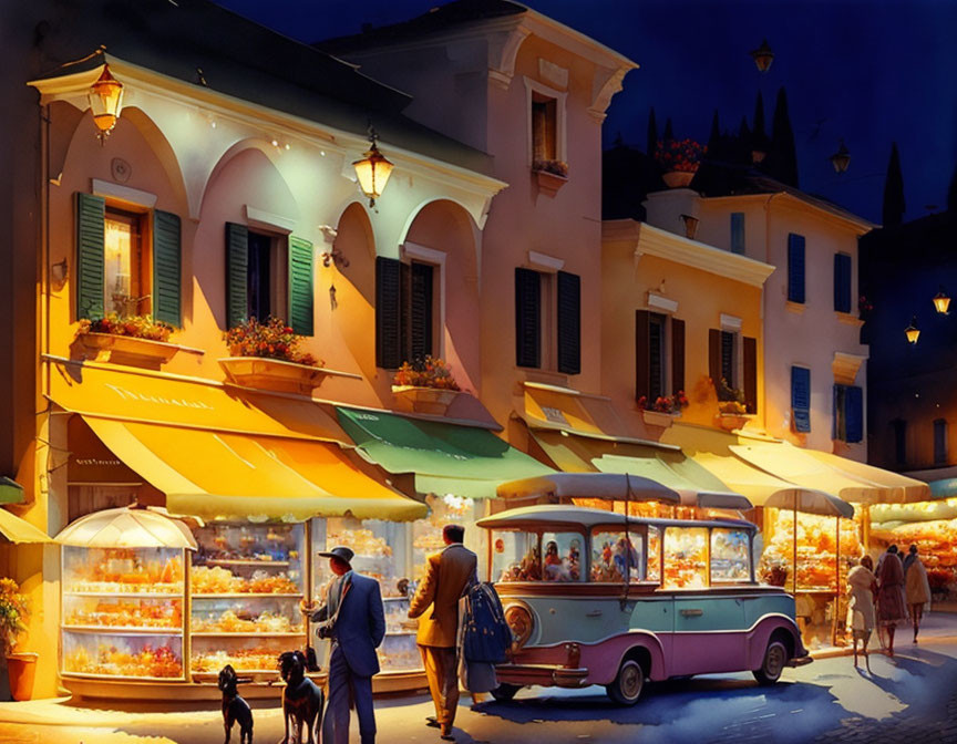 Charming European Night Street Scene with Shops, Strolling People, and Vintage Car