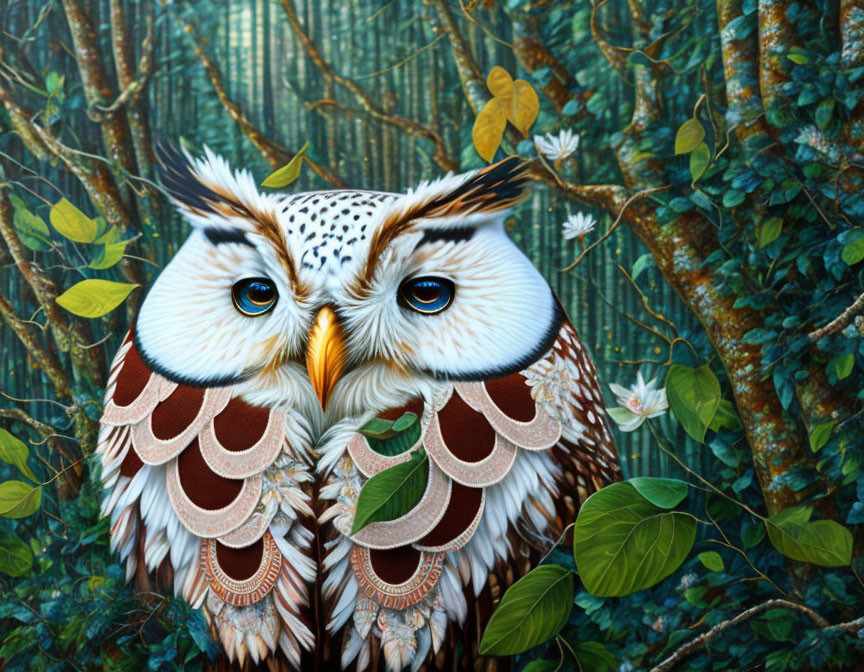 Colorful owl illustration with intricate feather patterns and yellow eyes on floral background