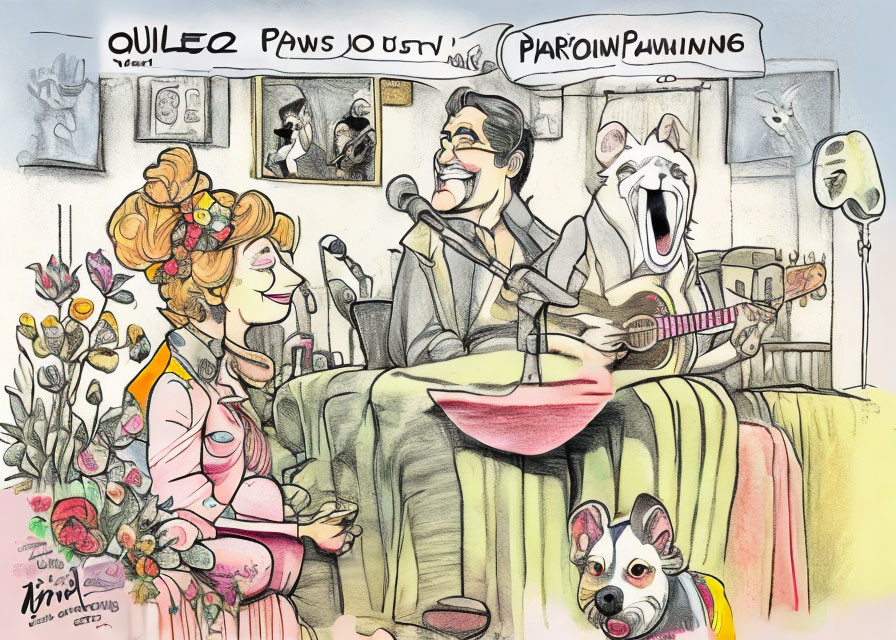 Colorful caricature featuring cheerful man, singing cat, attentive dog, and woman enjoying music with whims