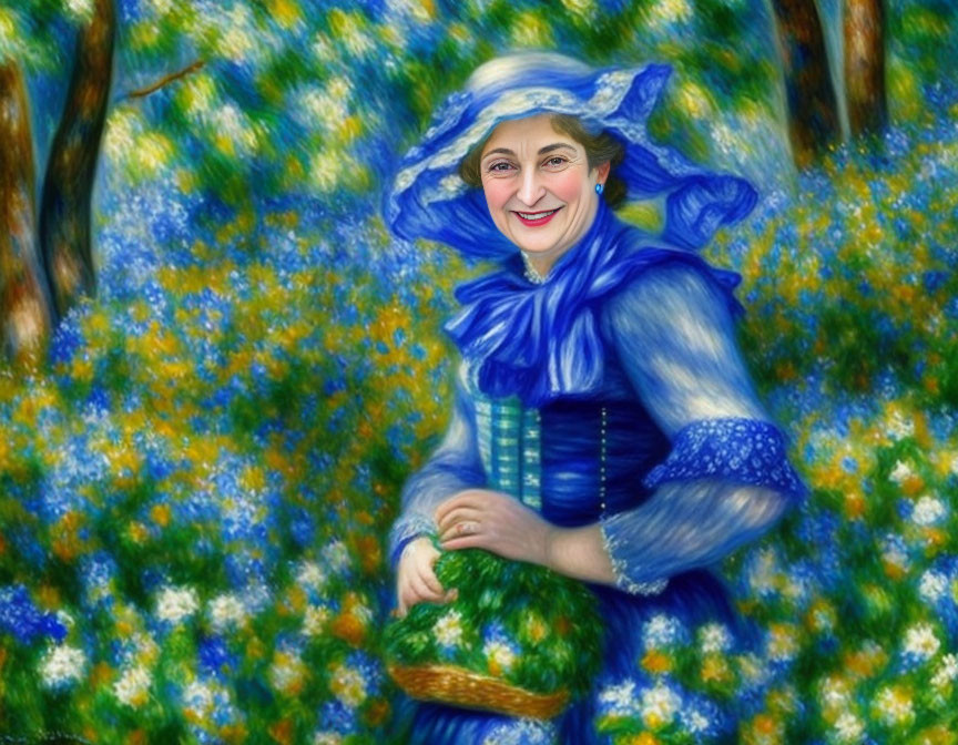 Joyful woman in blue dress and hat standing in blooming forest with basket