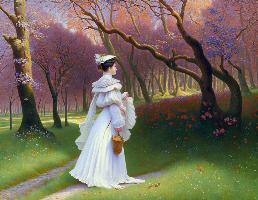 Woman in Vintage White Dress Among Blooming Pink Trees