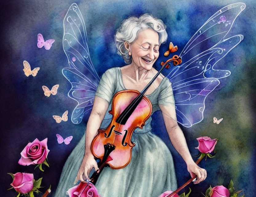 Elderly Woman with Fairy Wings Playing Violin Among Butterflies and Roses