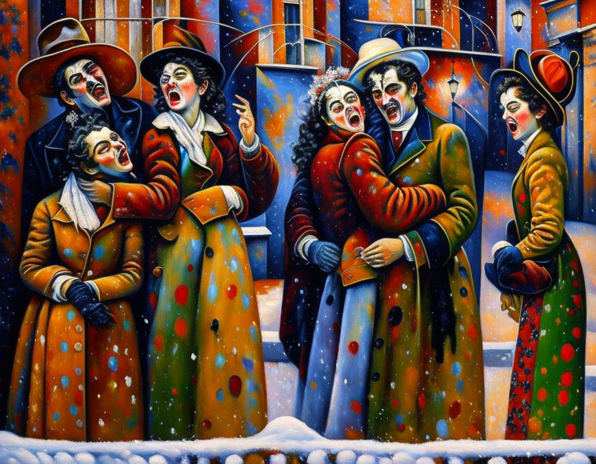 Six individuals in colorful 19th-century attire singing on snowy street