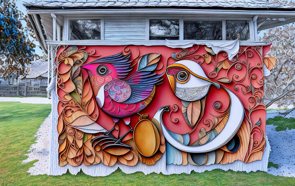 Colorful Bird and Floral Mural on Building with Snowy Landscape