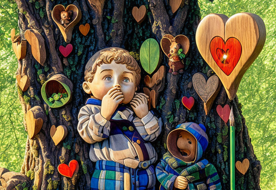 Stylized illustration of boy near heart-filled tree with fantasy creatures