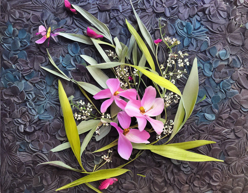 Pink, Green, and White Flowers on Dark Blue Floral Pattern Background