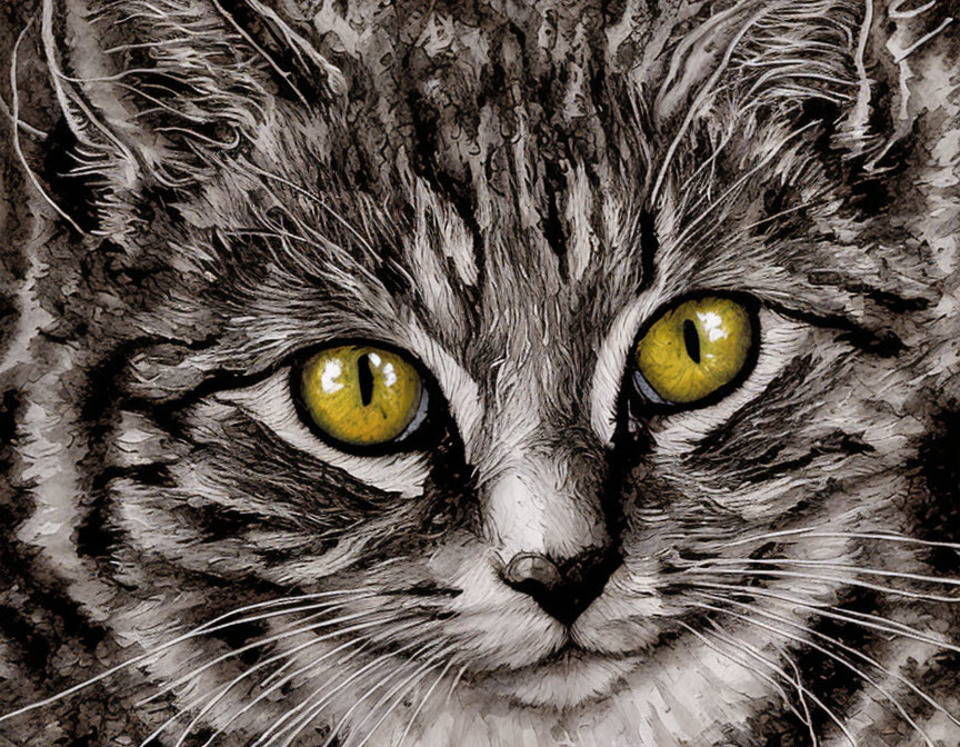 Detailed Close-Up Illustration of Cat with Yellow Eyes & Gray Fur