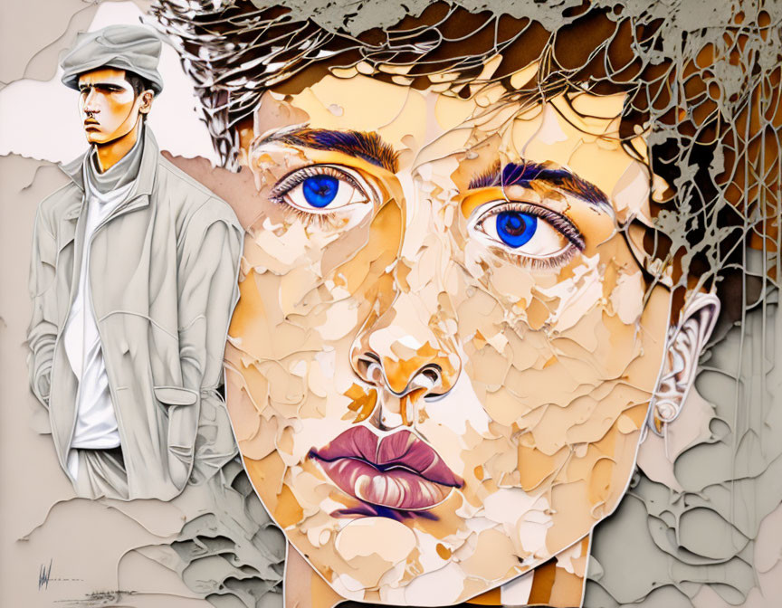 Digital artwork: Realistic male figure in grayscale meets colorful fragmented portrait with blue eyes and crackled texture