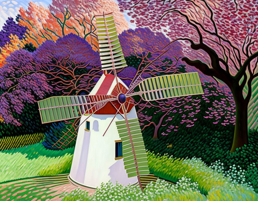 Colorful Windmill Painting with Stylized Trees and Patterned Landscape