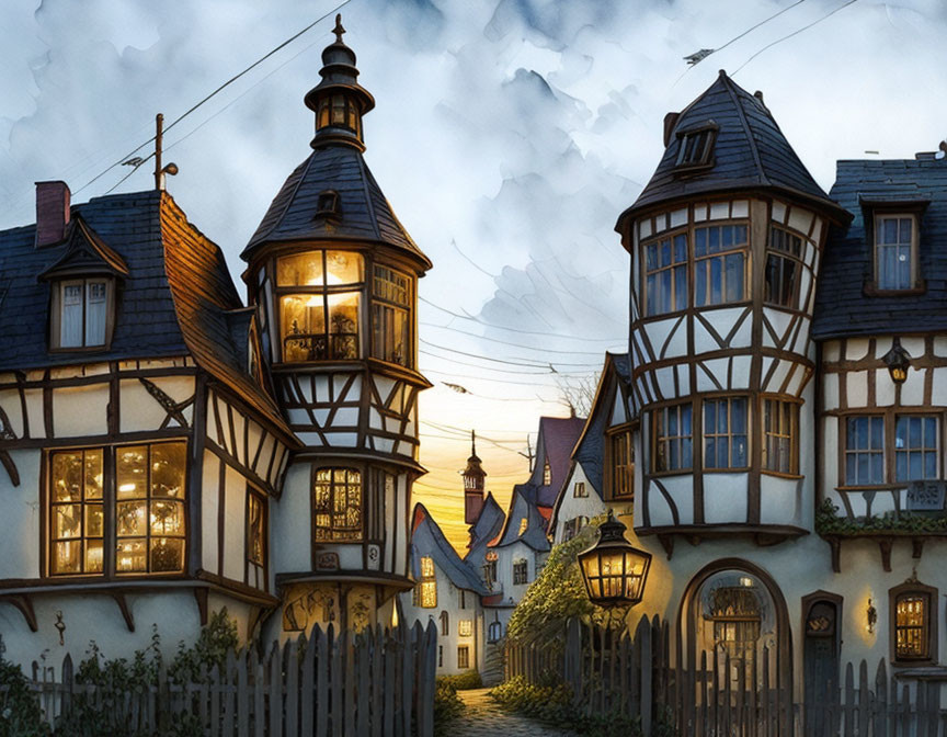 Traditional half-timbered houses in a European village street at dusk