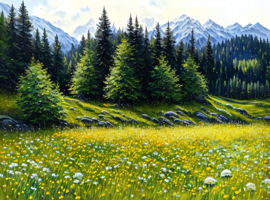 Colorful landscape painting with yellow wildflowers, pine trees, and snowy mountains