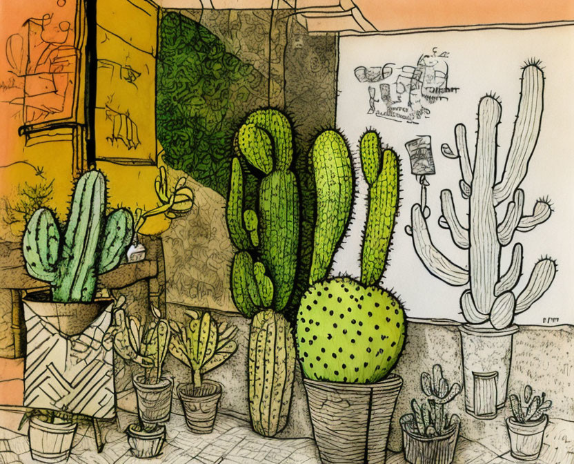 Colorful cacti in pots with detailed lines; cow sketch in background