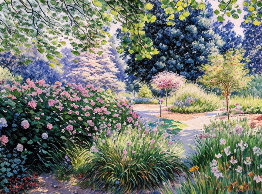 Colorful garden path with flowers, trees, and blue sky