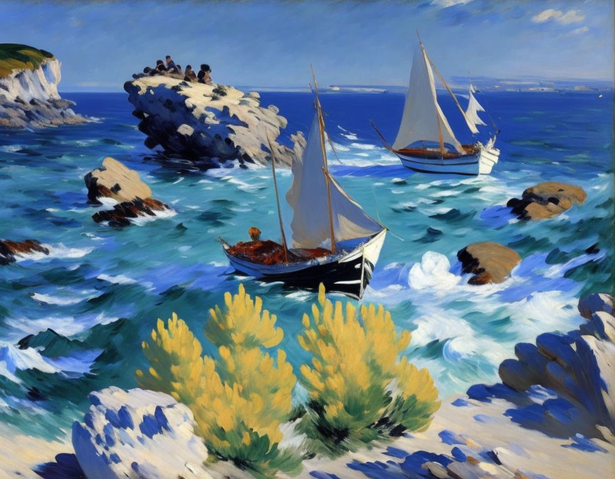 Colorful painting of sailboats near rocky coast with blue sky and choppy seas