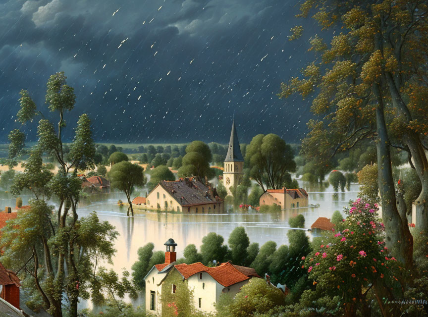 Flooded village scene with stormy sky and nightfall approaching