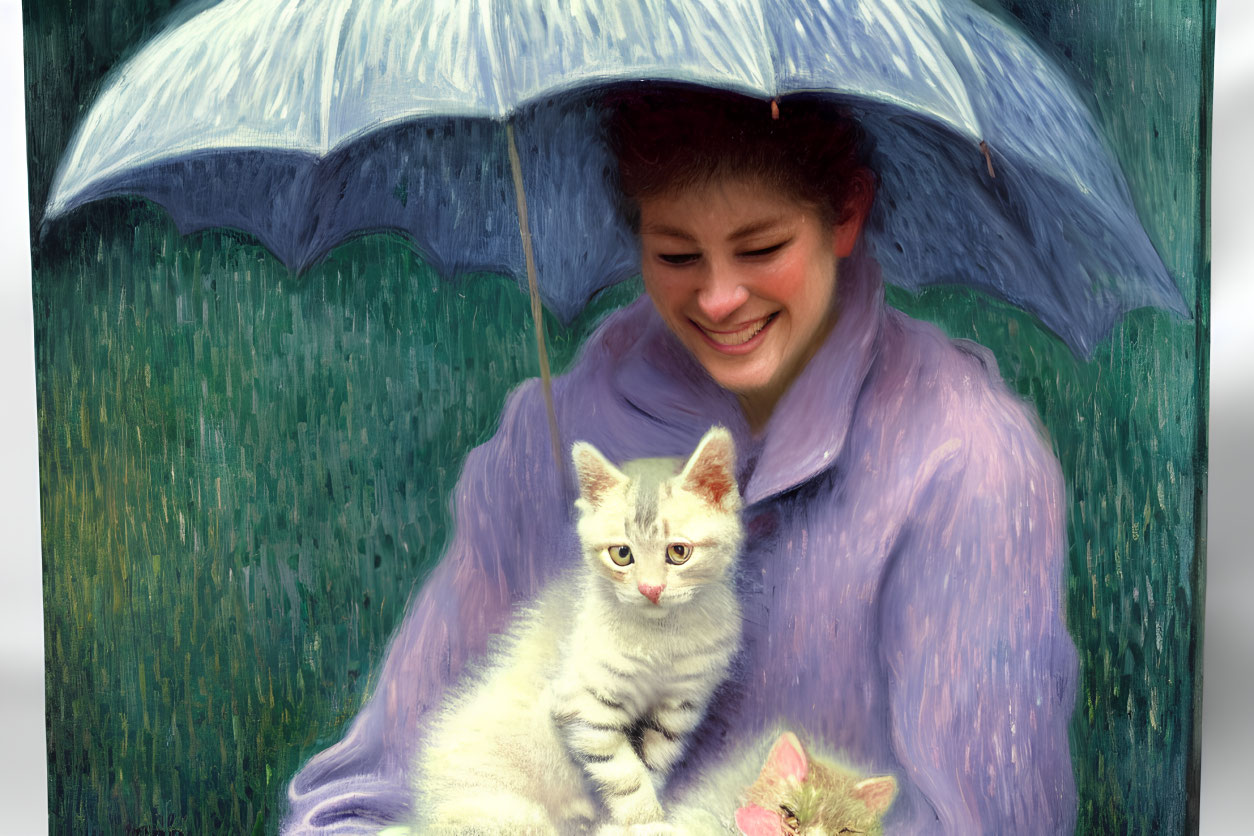 Person holding two kittens under umbrella in rain.