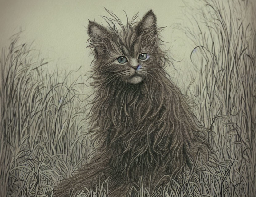 Realistic dark-furred cat with blue eyes in tall grass illustration