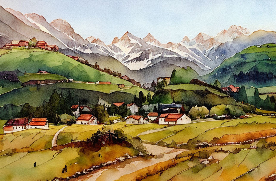 Serene village watercolor painting with rolling hills and snow-capped mountains