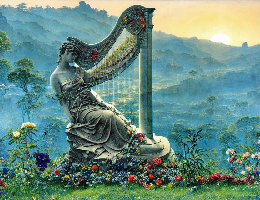 Serene artwork of woman playing harp in nature landscape