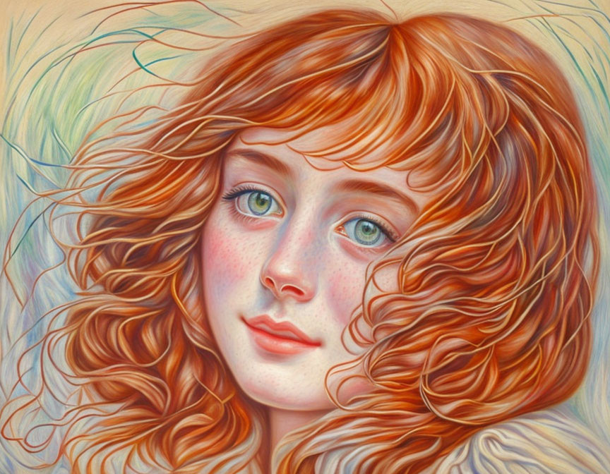 Young girl with red curly hair and green eyes on multicolored background