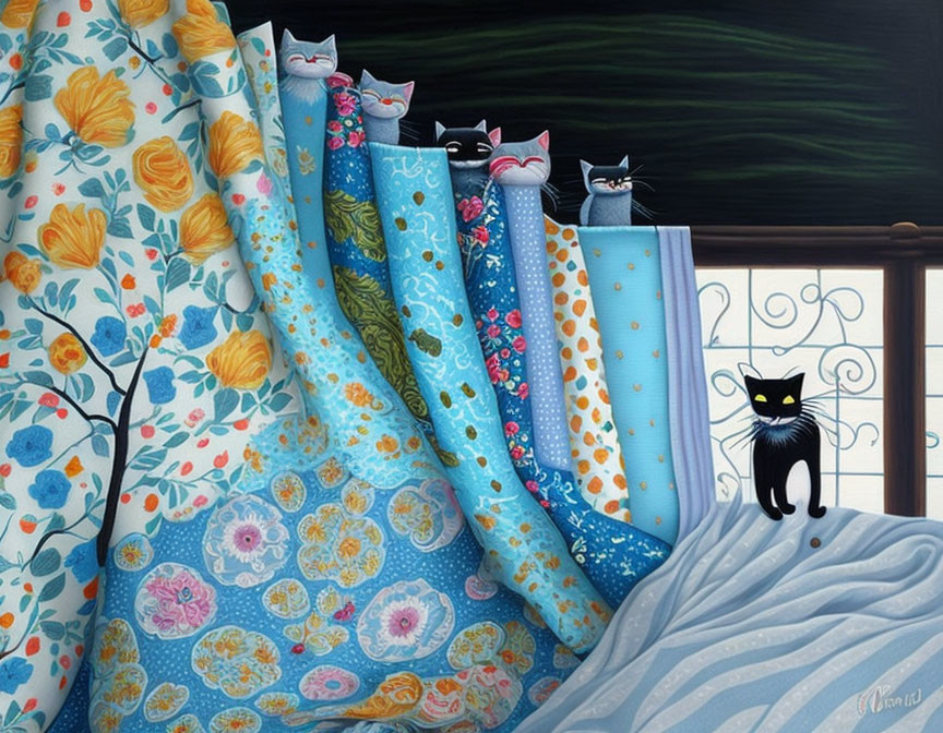 Black Cat in Front of Window with Patterned Curtains and Peeking Cat Eyes