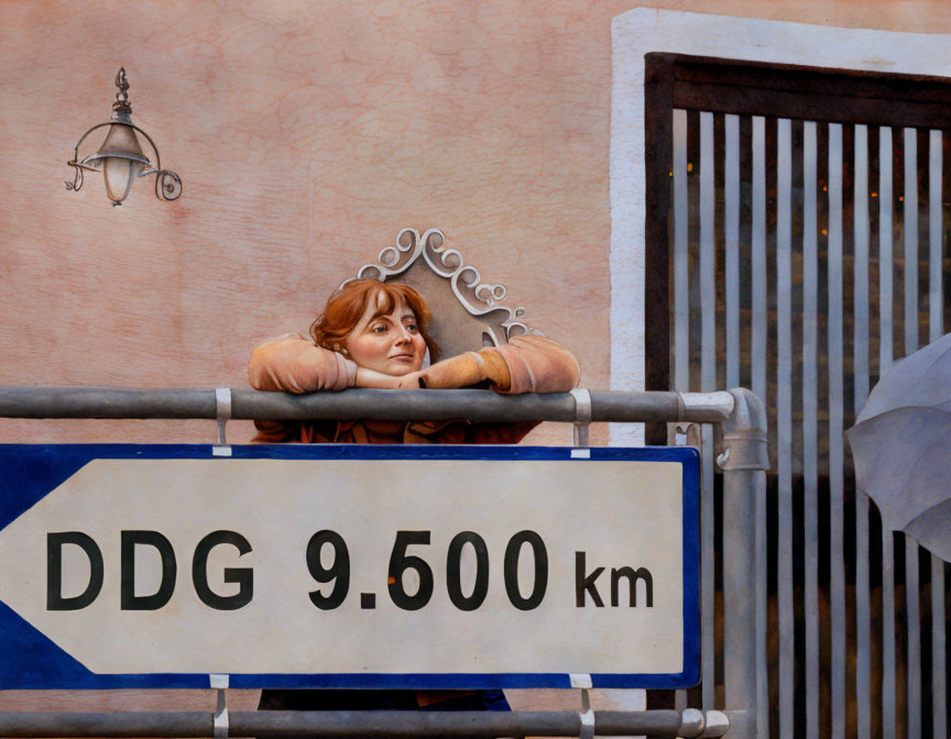 Mural featuring woman by construction barrier with "DDG 9.600 km" sign