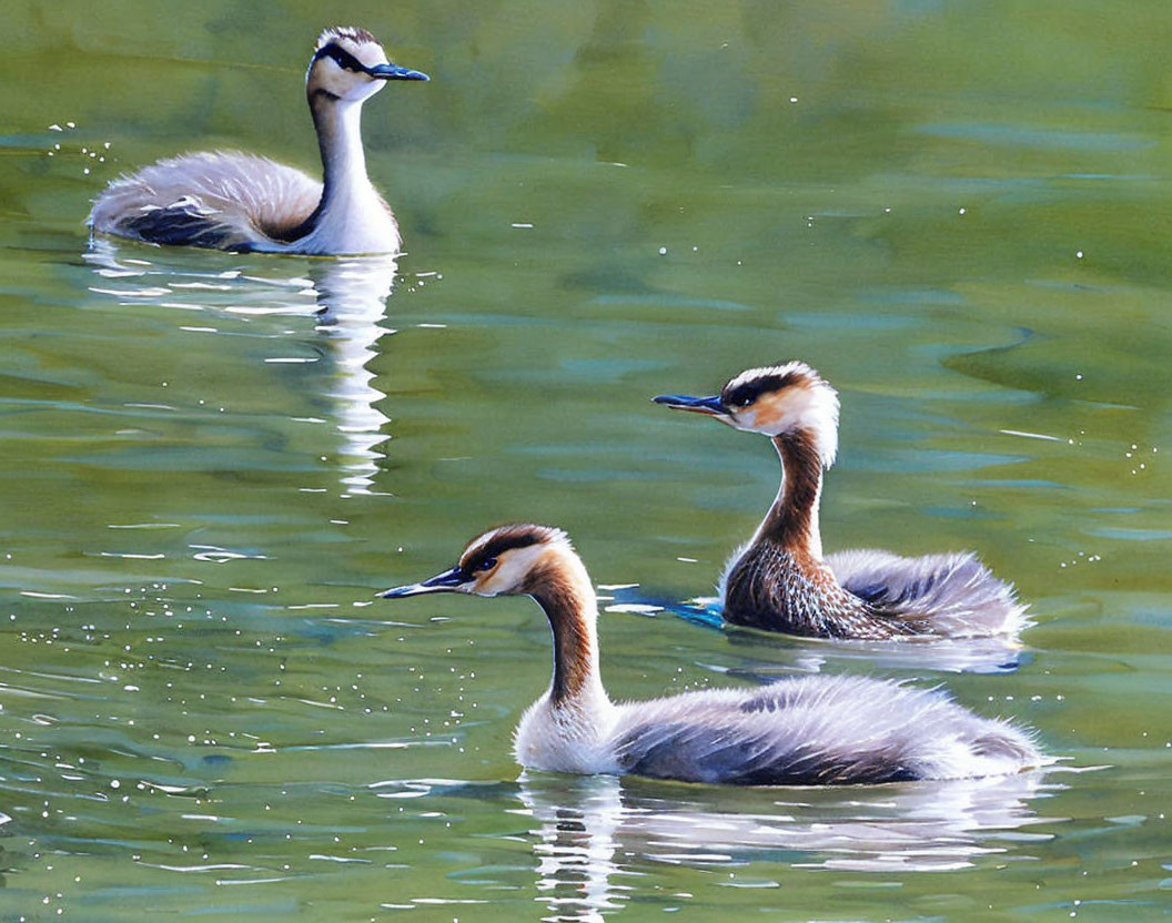 Three Great Crested Grebes Displaying Distinctive Plumage