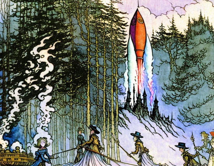 Victorian-themed illustration of rocket launch near forest