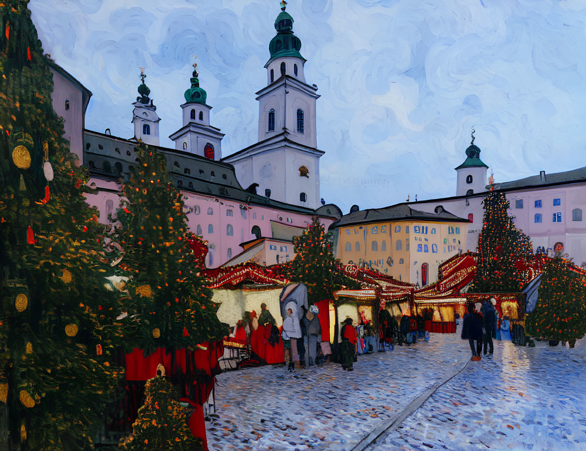 Festive Christmas Market with Red Stalls and Decorated Trees