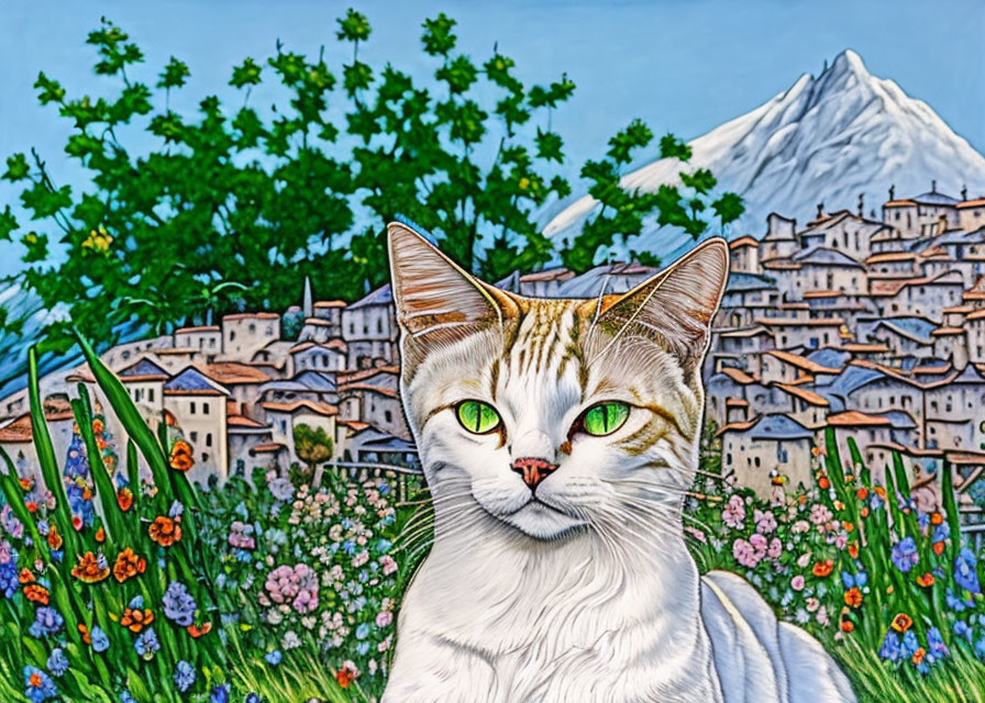 Stylized white cat with green eyes in colorful flower field and snowy mountain village