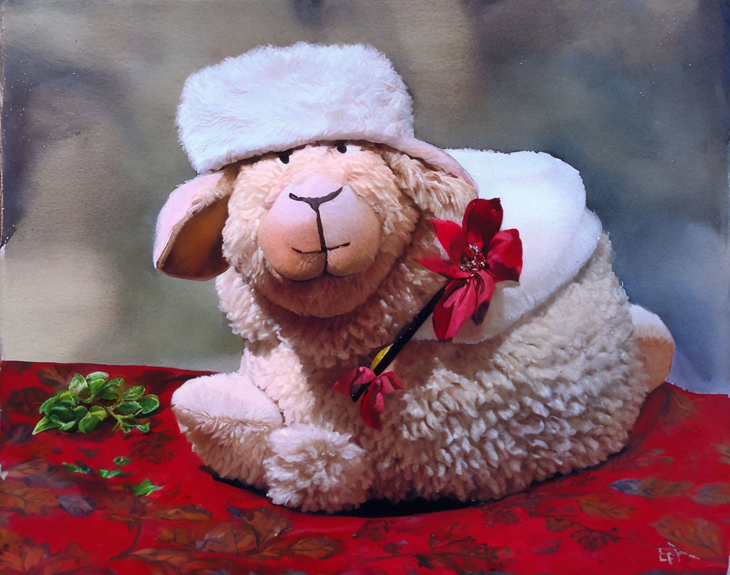 Plush sheep toy with red flower on patterned fabric, light backdrop, and green plant.