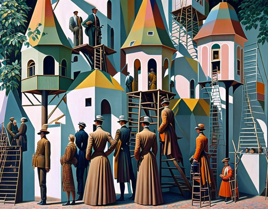 Stylized painting of people in long coats constructing colorful tower-like buildings