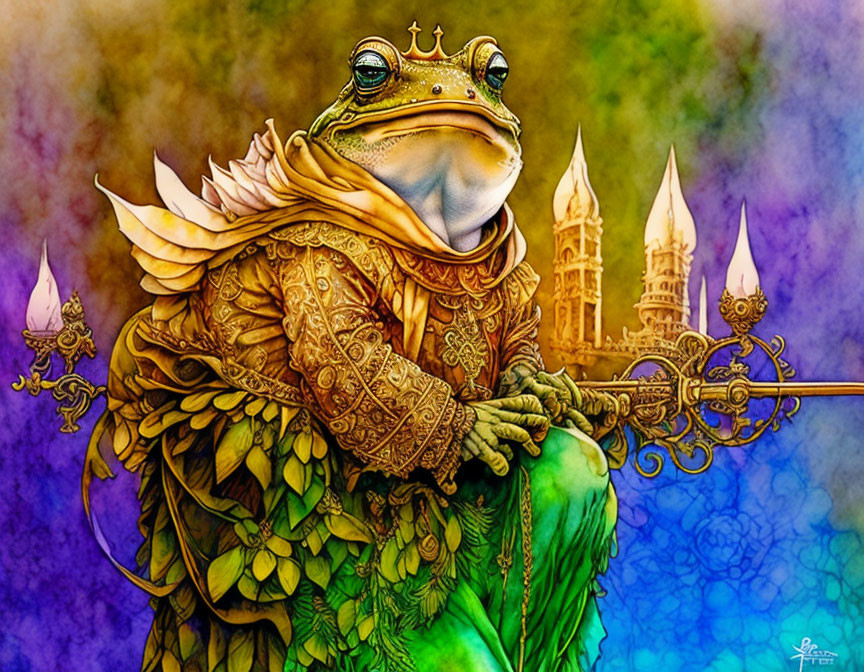 Regal Frog in Renaissance Armor with Scepter and Castle Spires