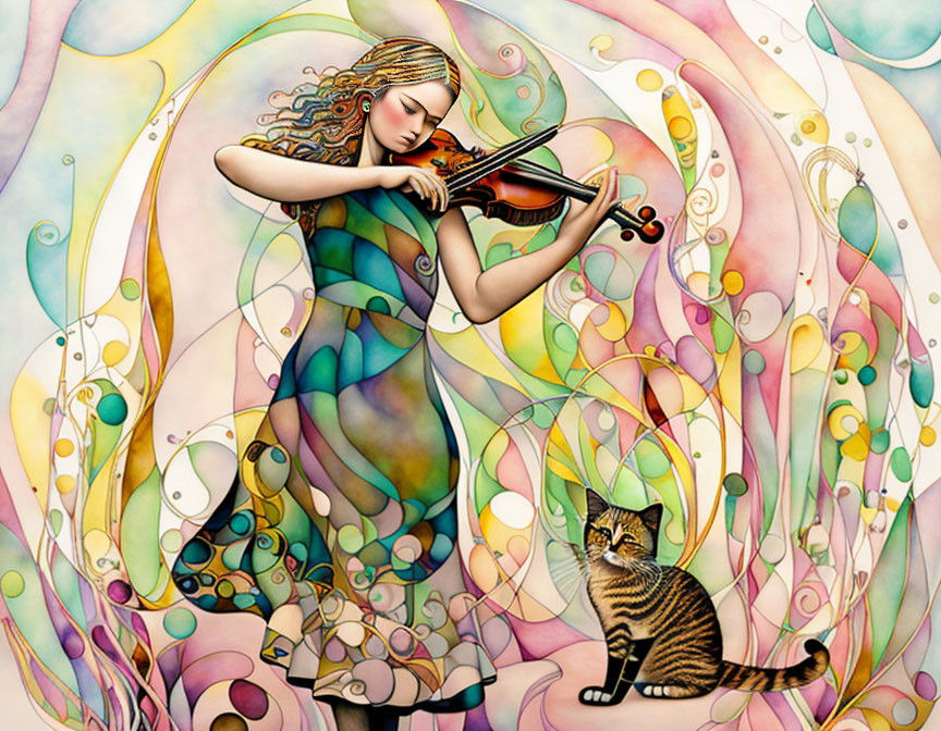 Illustration of woman playing violin with cat against colorful background