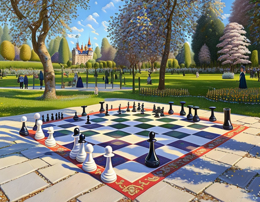 Vibrant garden with outdoor chessboard and castle backdrop