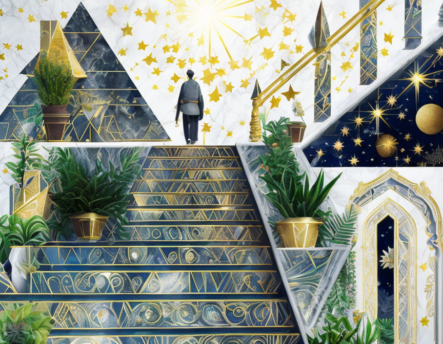 Staircase with gold patterns and celestial mural featuring stars, planets, and green plants