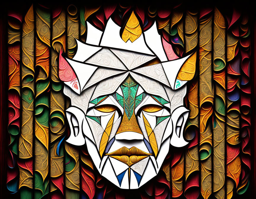 Symmetrical tribal-style mask in colorful abstract artwork