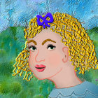 Portrait of Woman with Curly Blond Hair and Green Eyes on Textured Blue Background